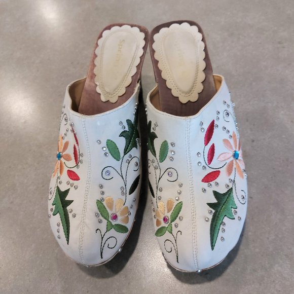 SPRING Women's Ivory Floral Embroidered Leather Platform Mules/Clogs Size 7.5M - Picture 2 of 10